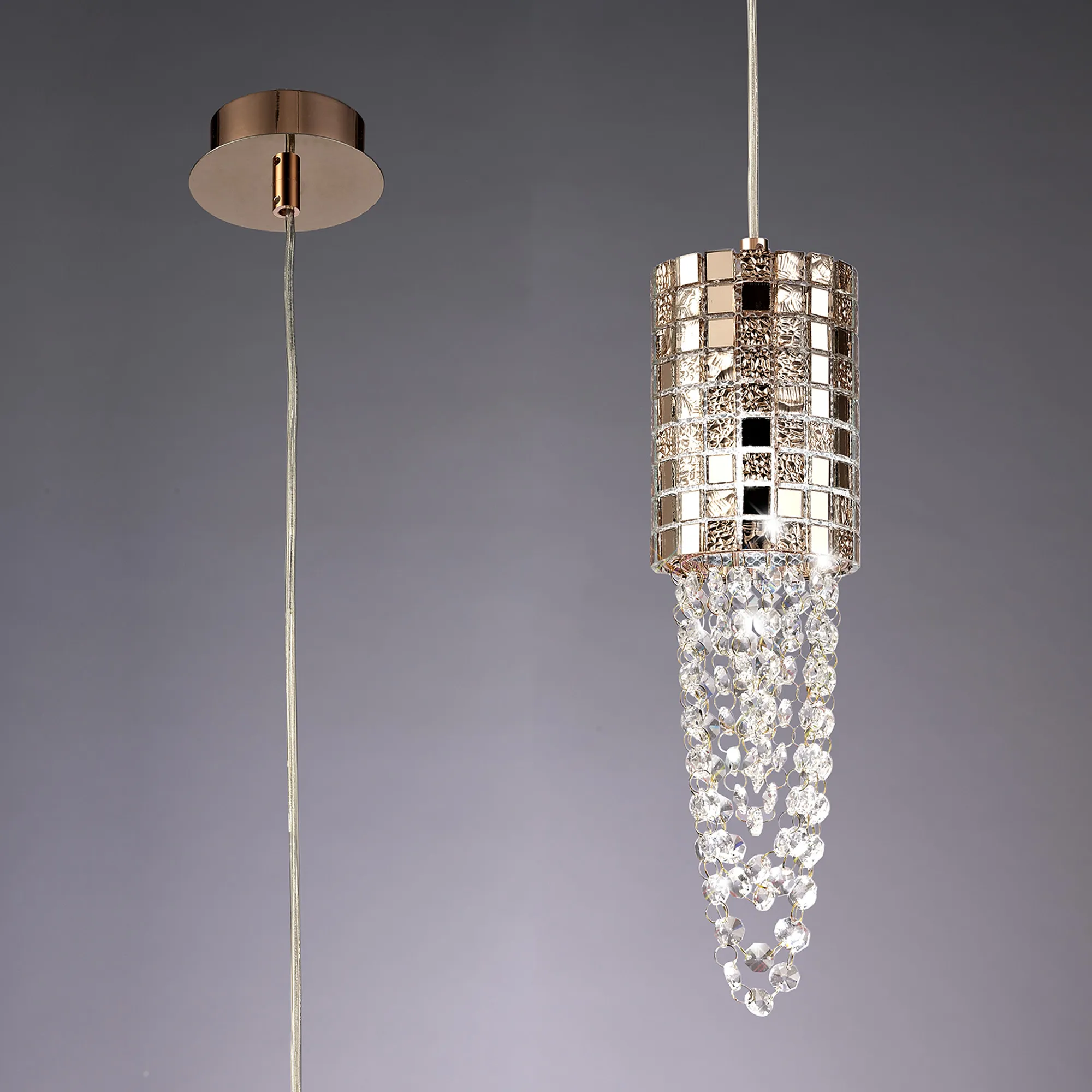 Camden Rose Gold Crystal Ceiling Lights Diyas Single Crystal Pendants